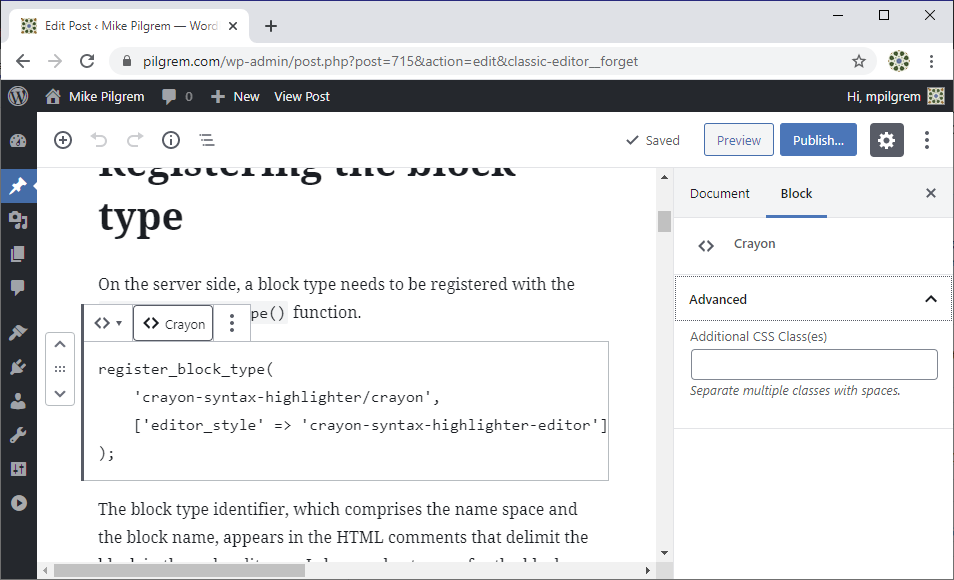 Example of a Crayon Syntax Highlighter block for the Gutenberg editor.